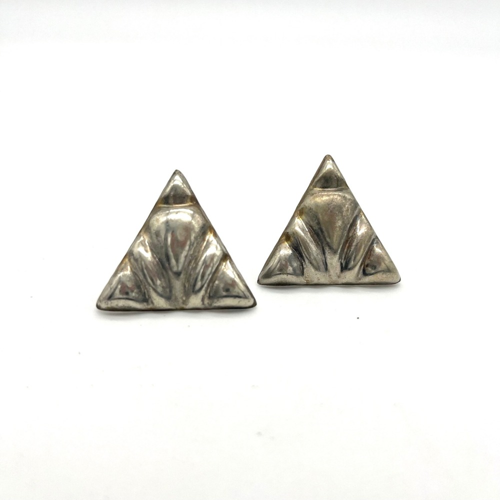 Alpaca Mexico Vintage Silver Puffy Triangle Clip On Earrings‎ Geometric Design